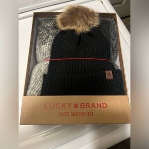 Lucky Brand Black Knit Pom Hat & Gray Scarf Set